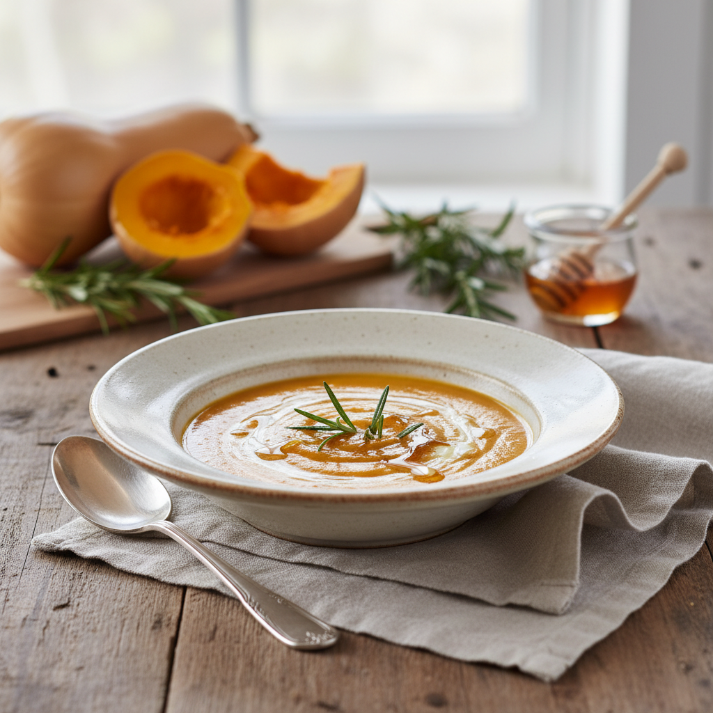 Photo de Recette de soupe de butternut rôtie au miel et romarin