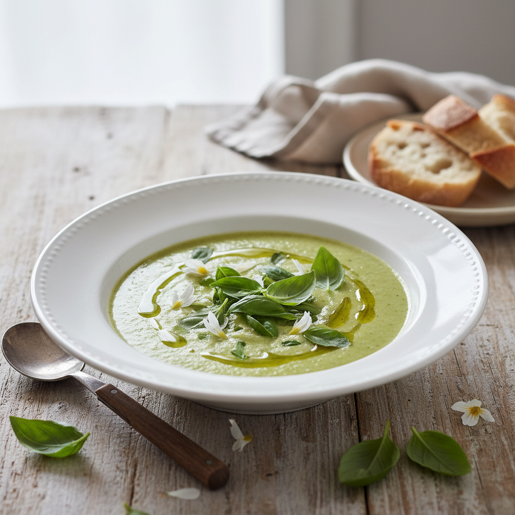 Photo de Recette de soupe de courgette crémeuse au basilic frais