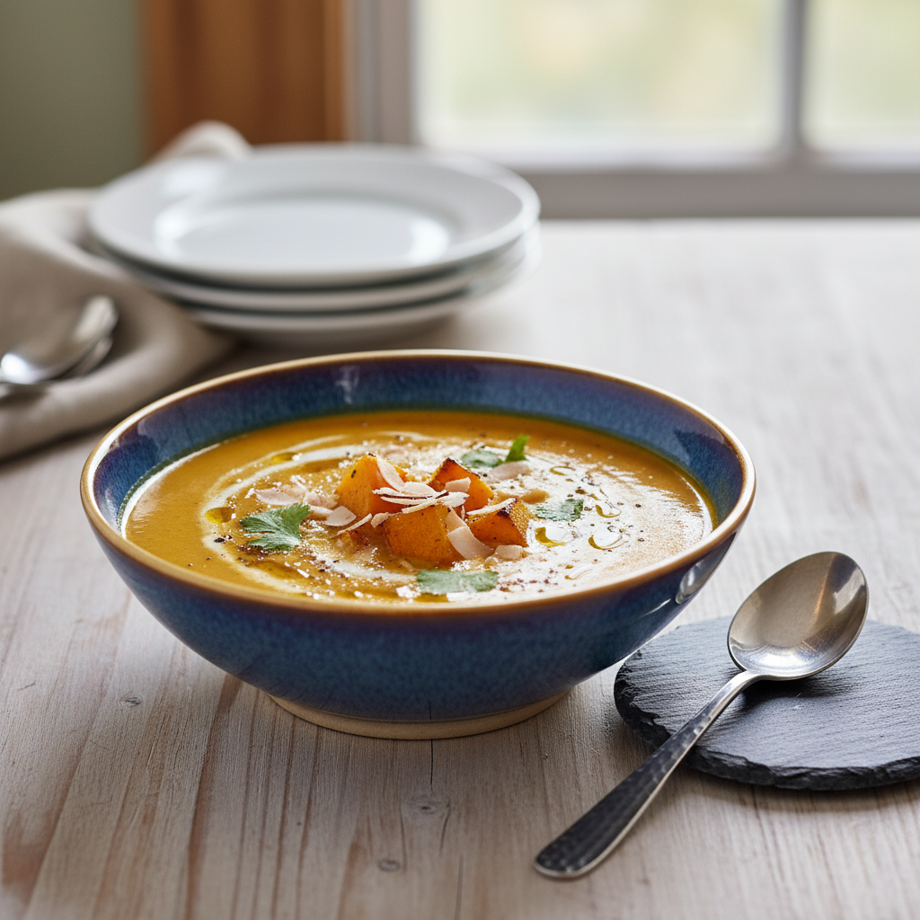 Photo de Recette de soupe butternut rôtie au curry et coco