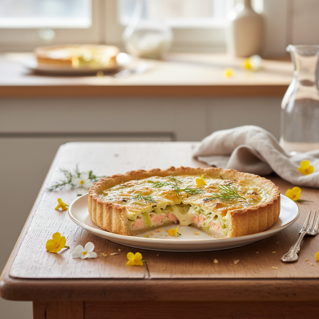 Photo de Recette de tarte poireaux saumon fondante et croustillante