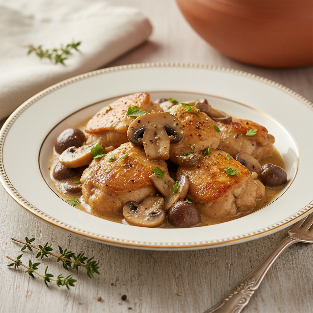 Photo de Recette de fricassée de poulet à l'ancienne aux champignons