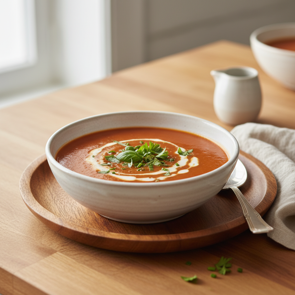 Photo de Recette de soupe à la tomate maison aux herbes fraîches