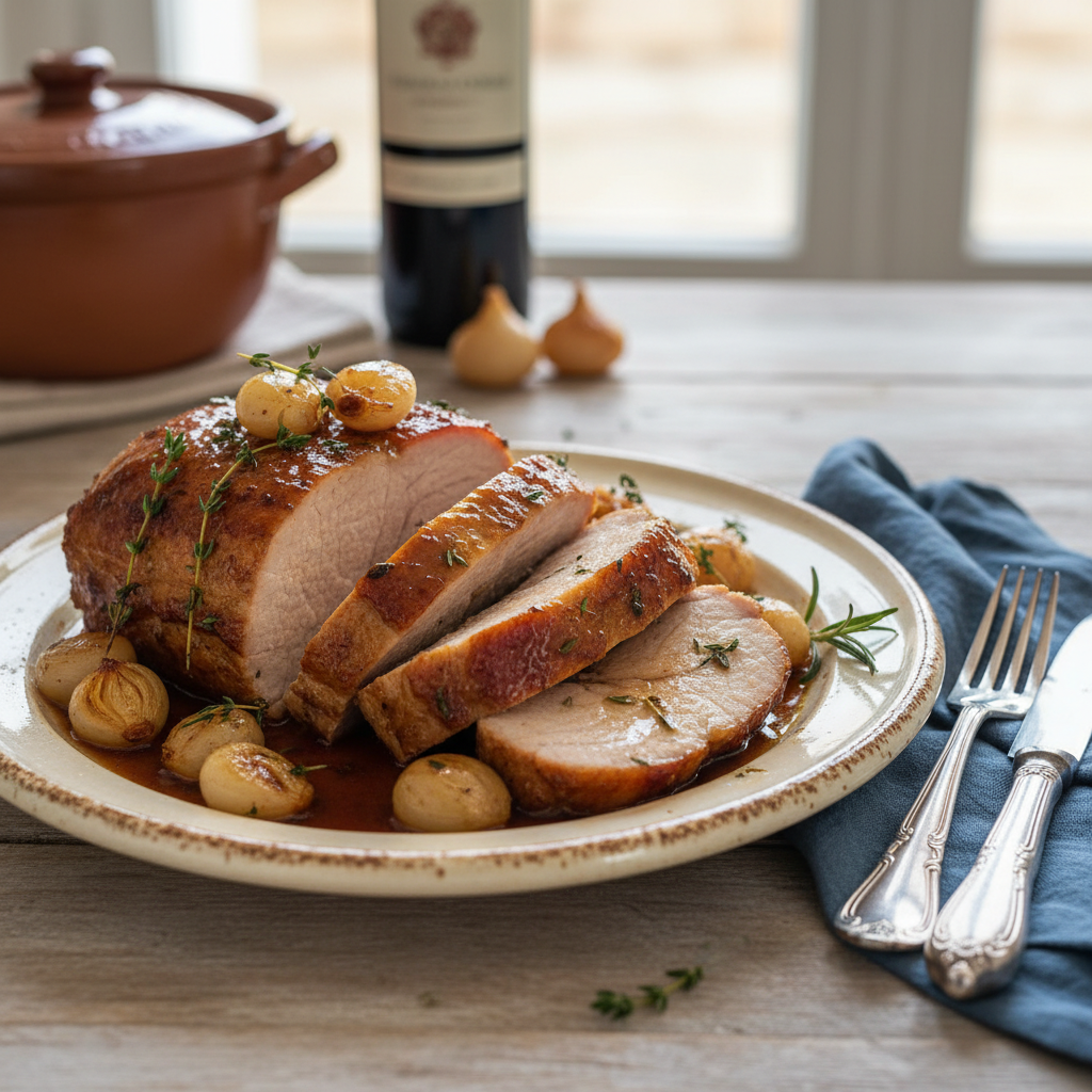 Photo de Recette de rôti de porc grand-mère aux petits oignons