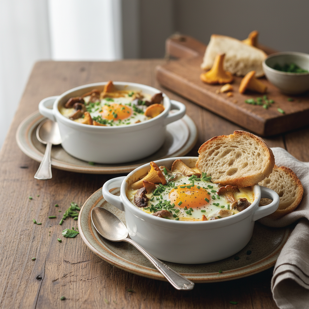 Photo de Recette des œufs cocotte à la crème et aux champignons