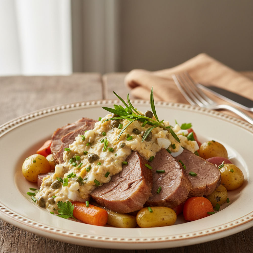 Photo de Recette de la tête de veau fondante à la gribiche