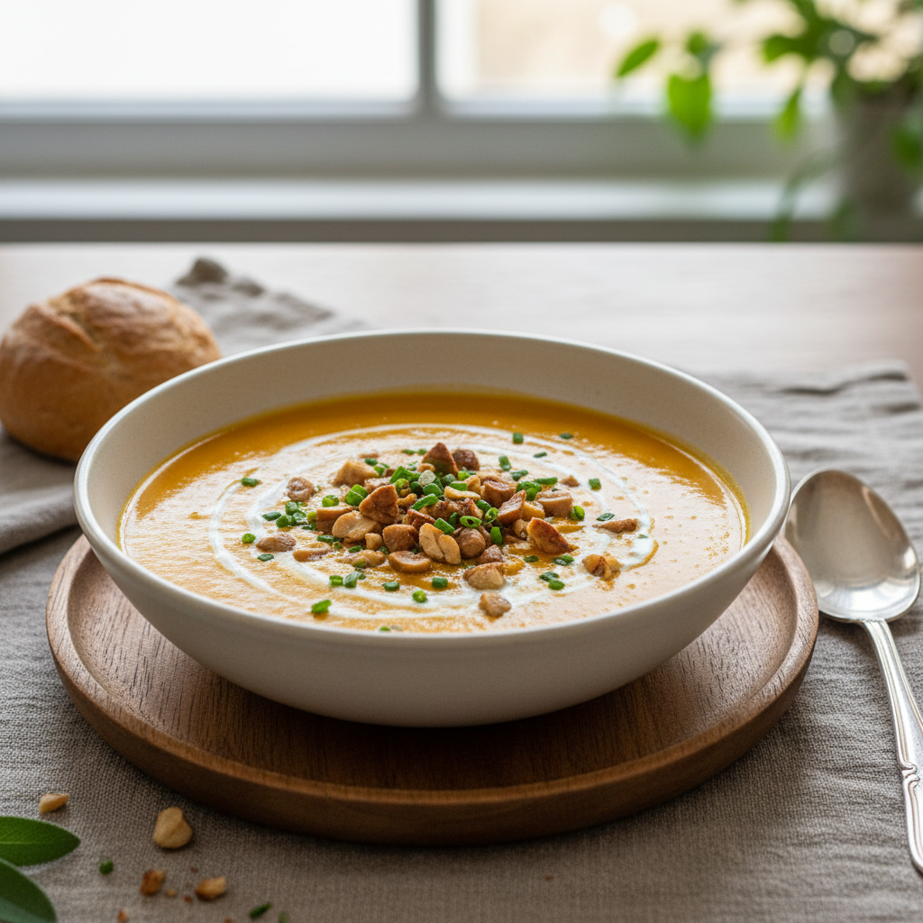 Photo de Recette de soupe butternut veloutée aux éclats de châtaignes