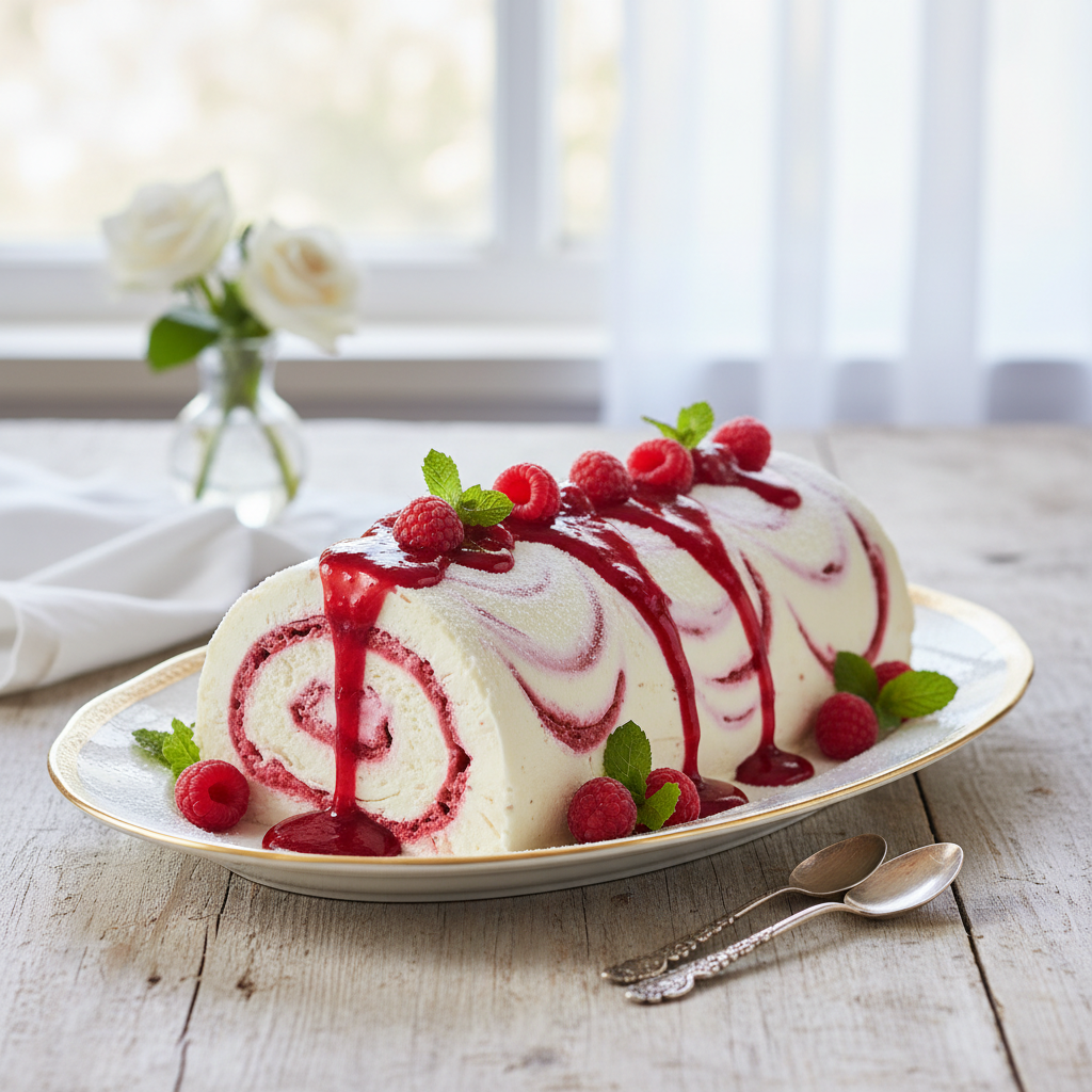 Photo de Recette de bûche glacée vanille et coulis de framboise