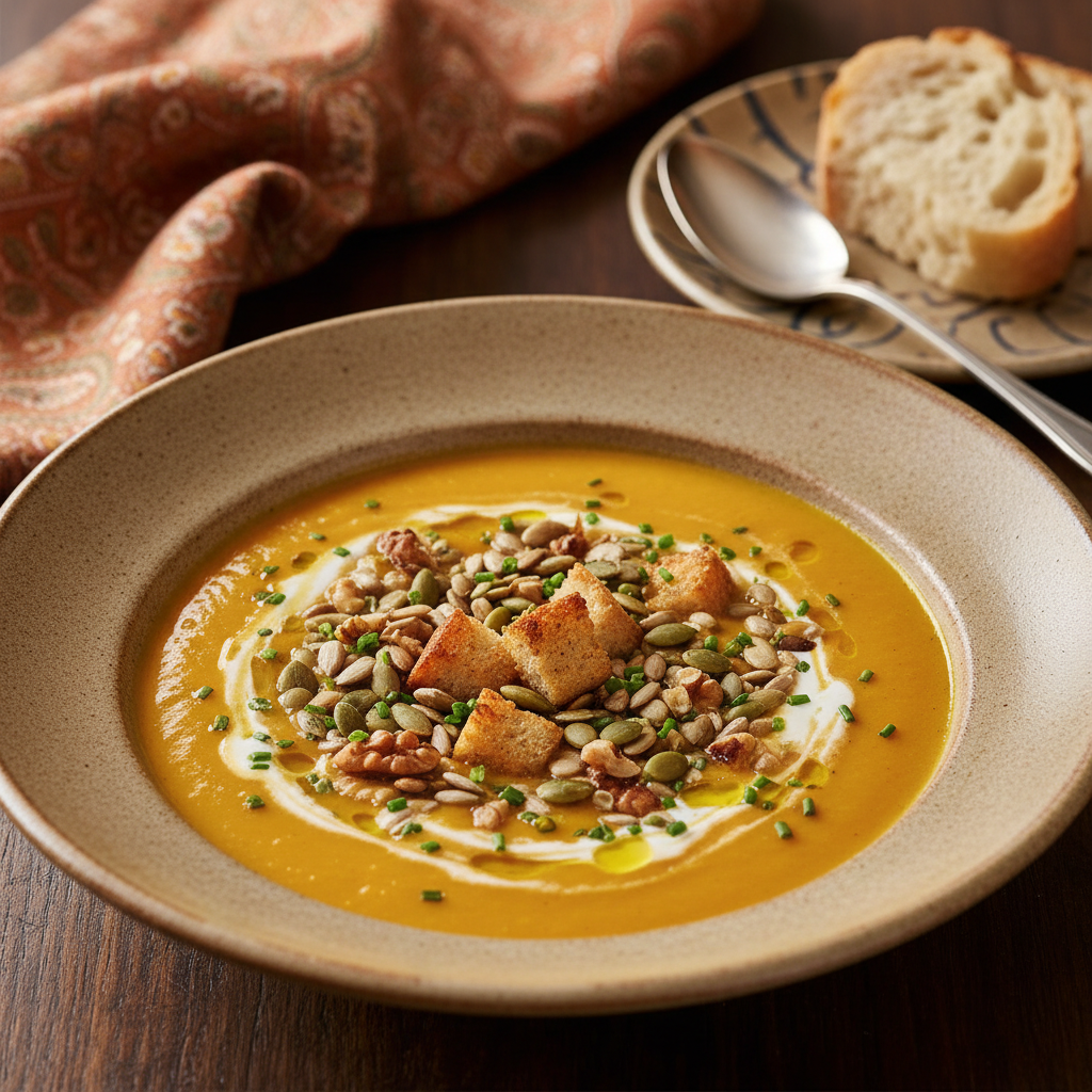 Photo de Recette de soupe au potimarron rôtie et graines grillées