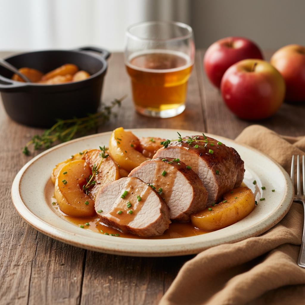 Photo de Recette de filet mignon de porc au cidre et pommes fondantes