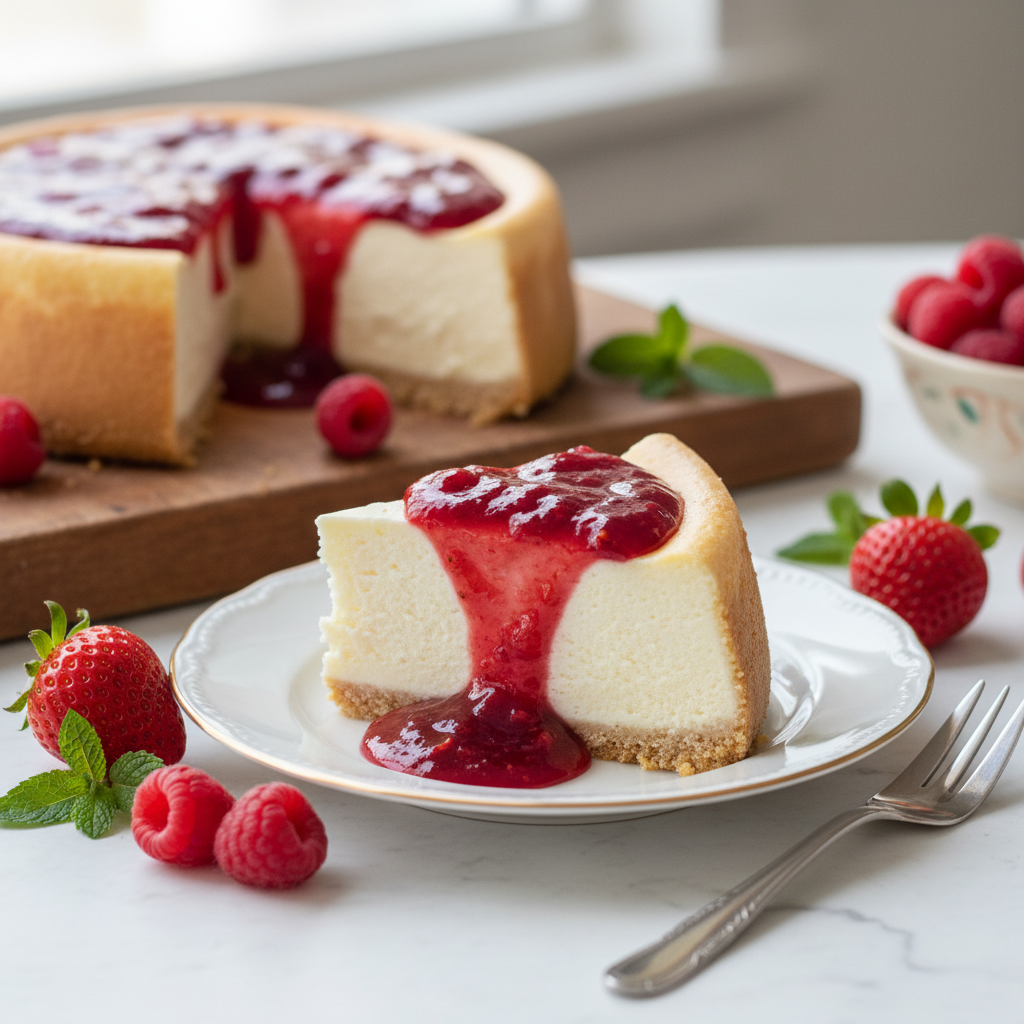 Photo de Recette de cheesecake sans cuisson fondant au coulis