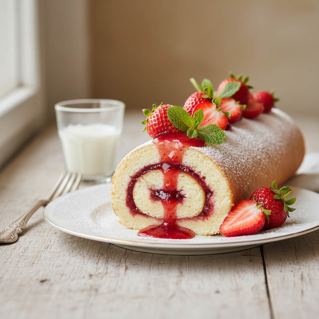 Photo de Recette de gâteau roulé à la confiture de fraises maison