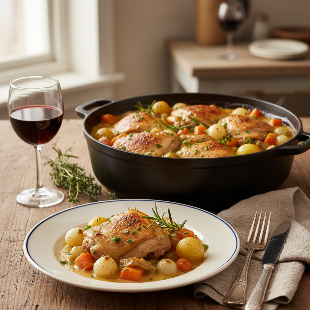 Photo de Recette de cuisses de poulet en cocotte à la paysanne