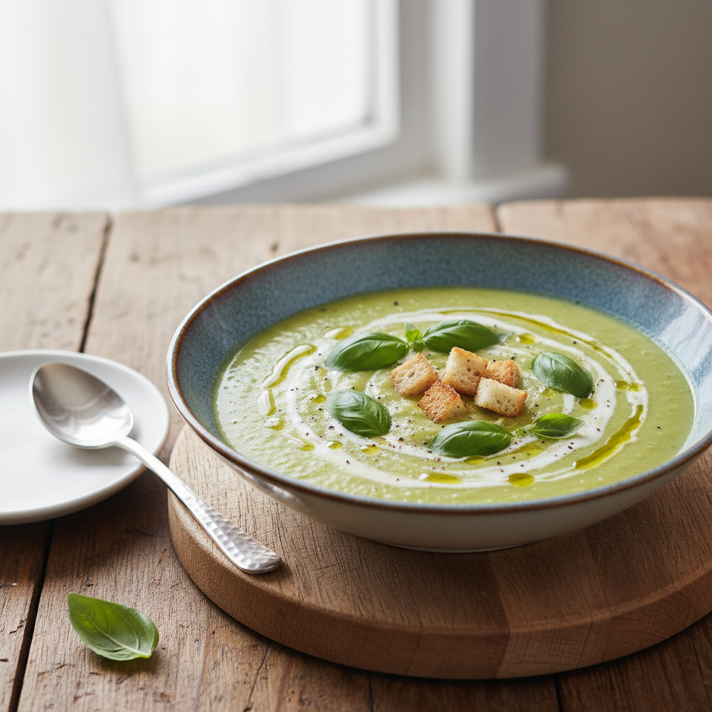 Photo de Recette de soupe à la courgette onctueuse au basilic