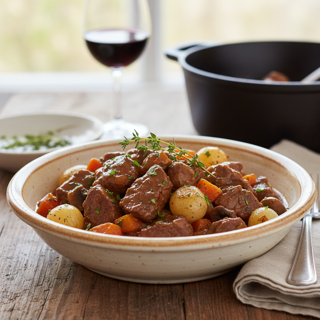 Photo de Recette de veau Marengo mijoté aux petits oignons