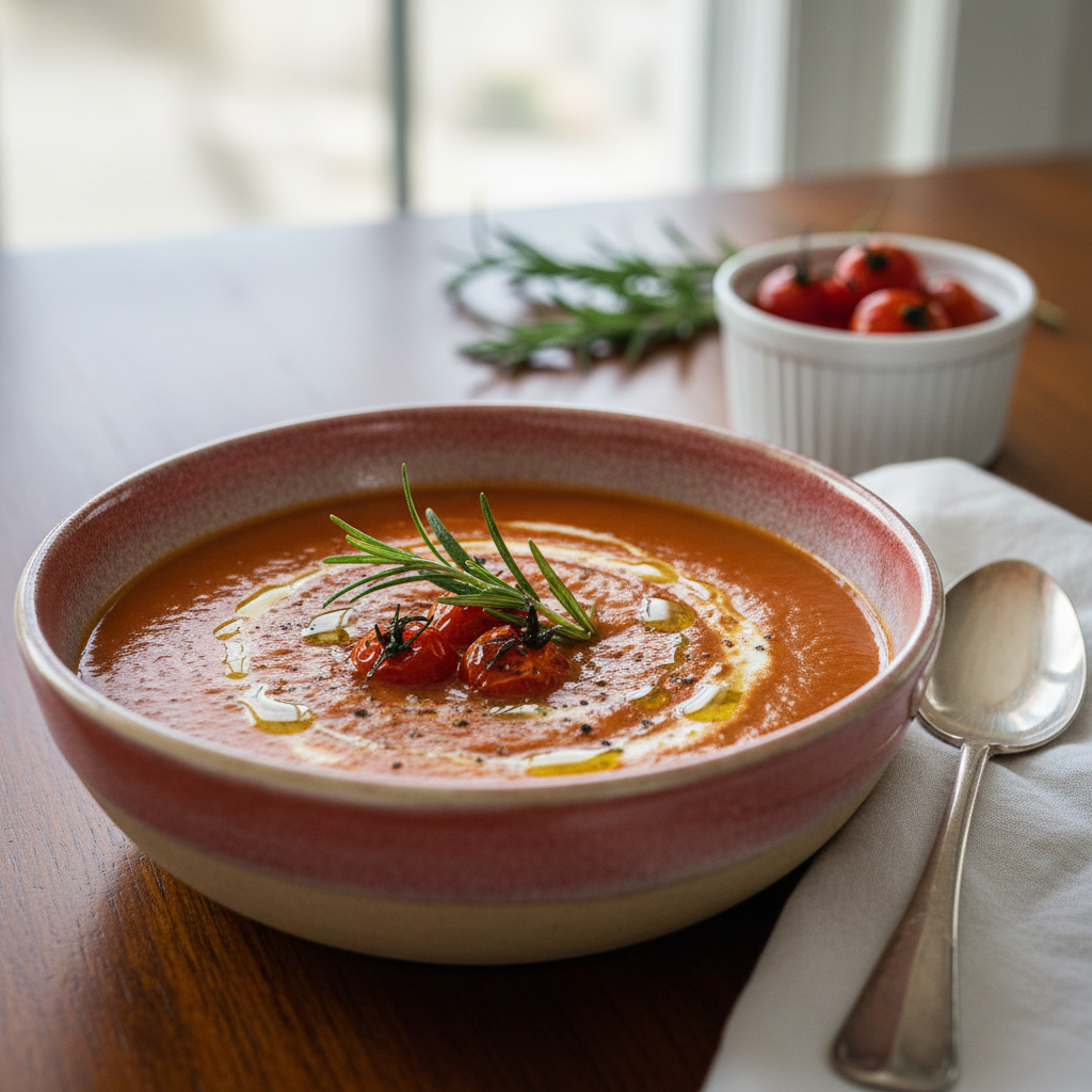 Photo de Recette de soupe de tomate rôtie au four et romarin