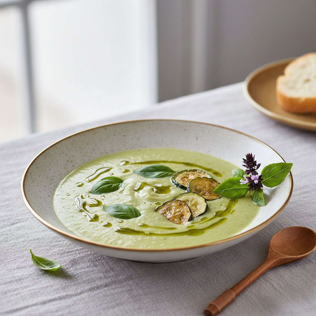 Photo de Recette de soupe à la courgette veloutée au basilic frais