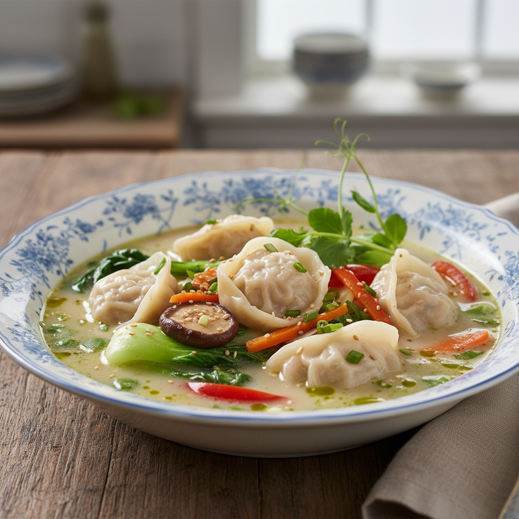 Photo de Recette de soupe chinoise aux raviolis et légumes croquants