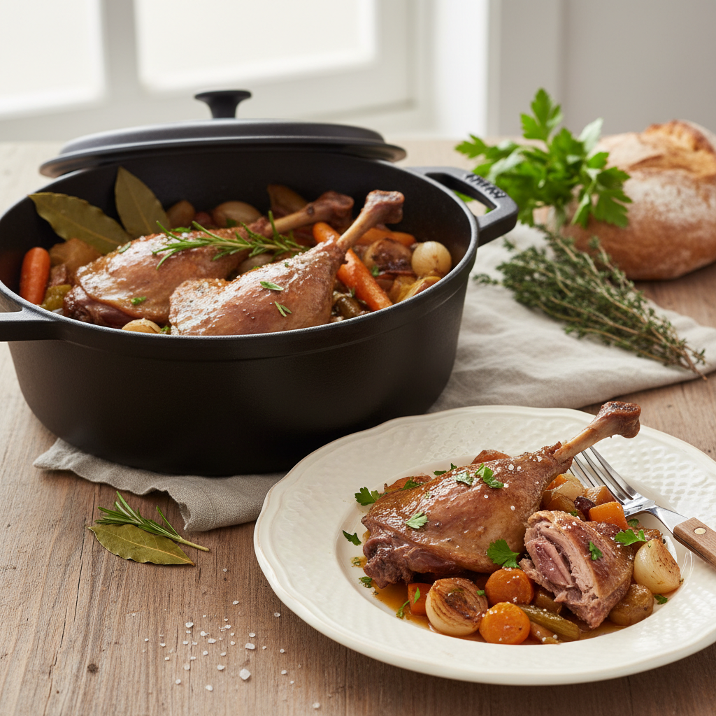 Photo de Recette de cuisses de canard braisées en cocotte aux aromates