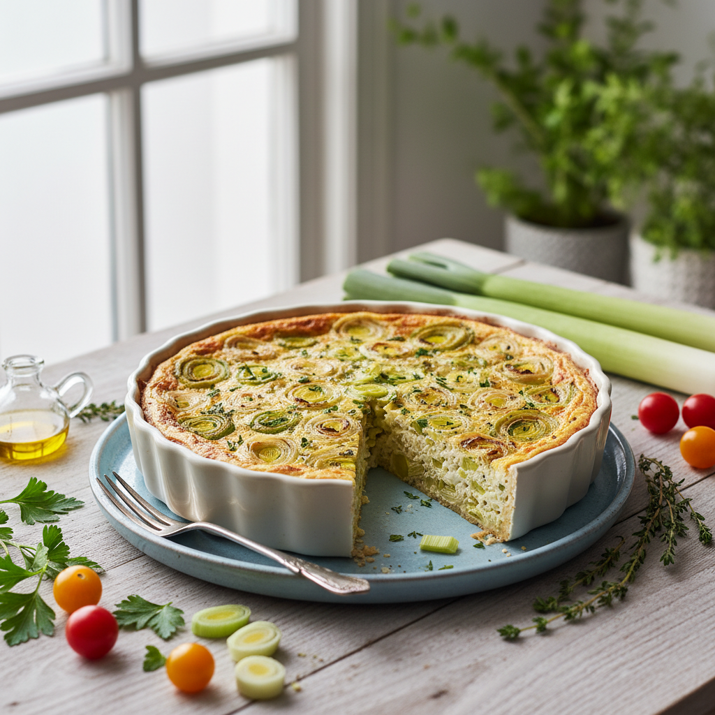 Photo de Recette de quiche sans pâte au tofu soyeux et poireaux
