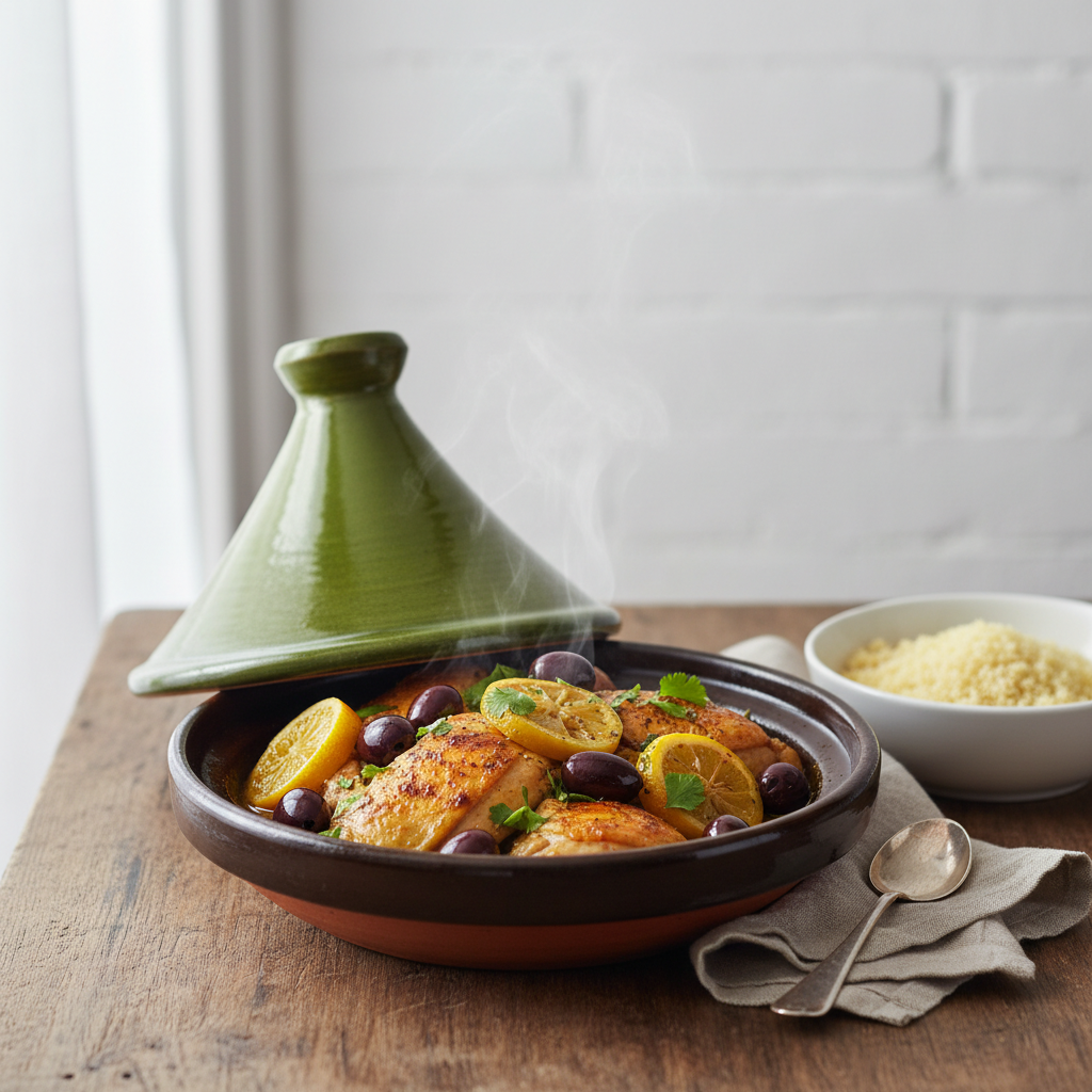 Photo de Recette du tajine de poulet au citron et aux olives violettes