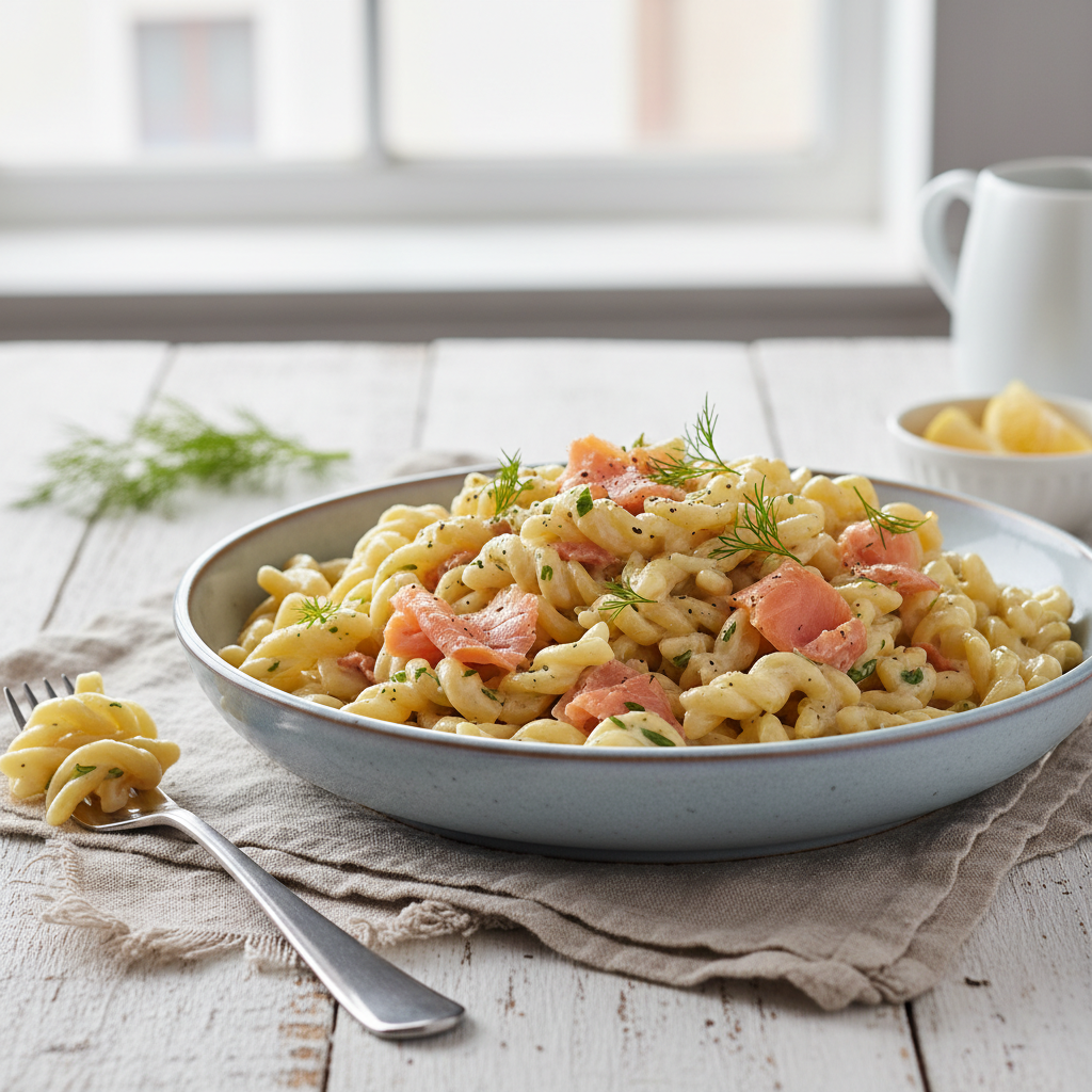 Photo de Recette de pâtes au saumon fumé et crème onctueuse à l'aneth