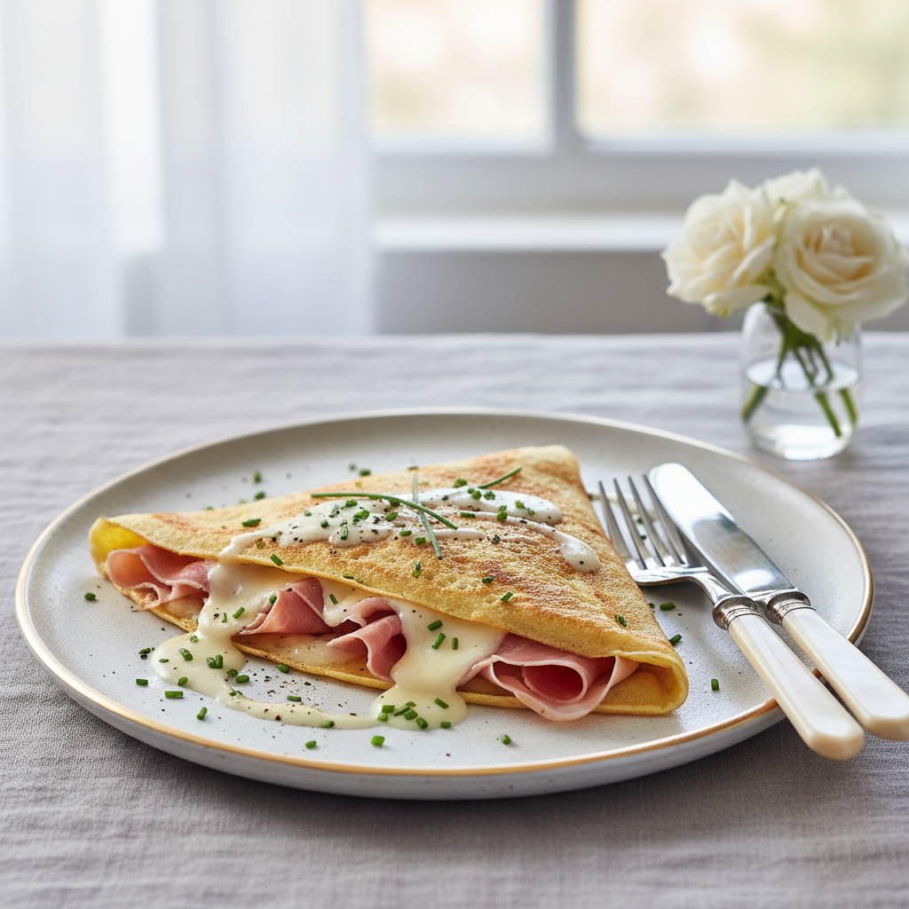 Photo de Recette de la crêpe salée garnie au jambon et fromage