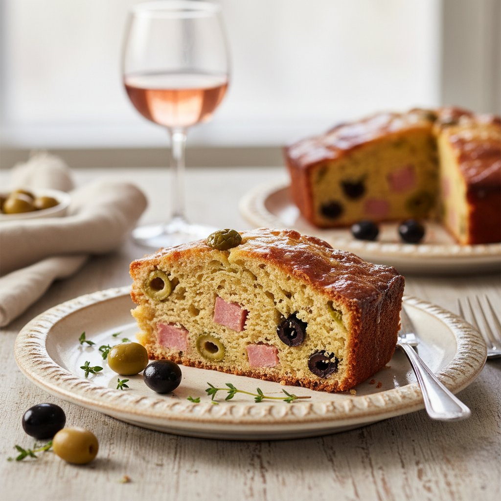 Photo de Recette de cake salé aux olives et jambon moelleux