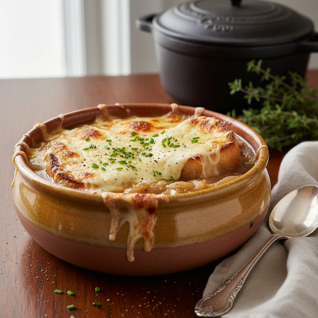 Photo de Recette de soupe à l'oignon traditionnelle et fondante