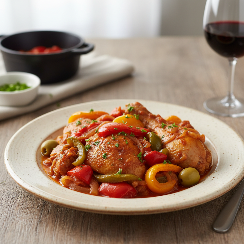Photo de Recette du poulet basquaise traditionnel aux trois poivrons
