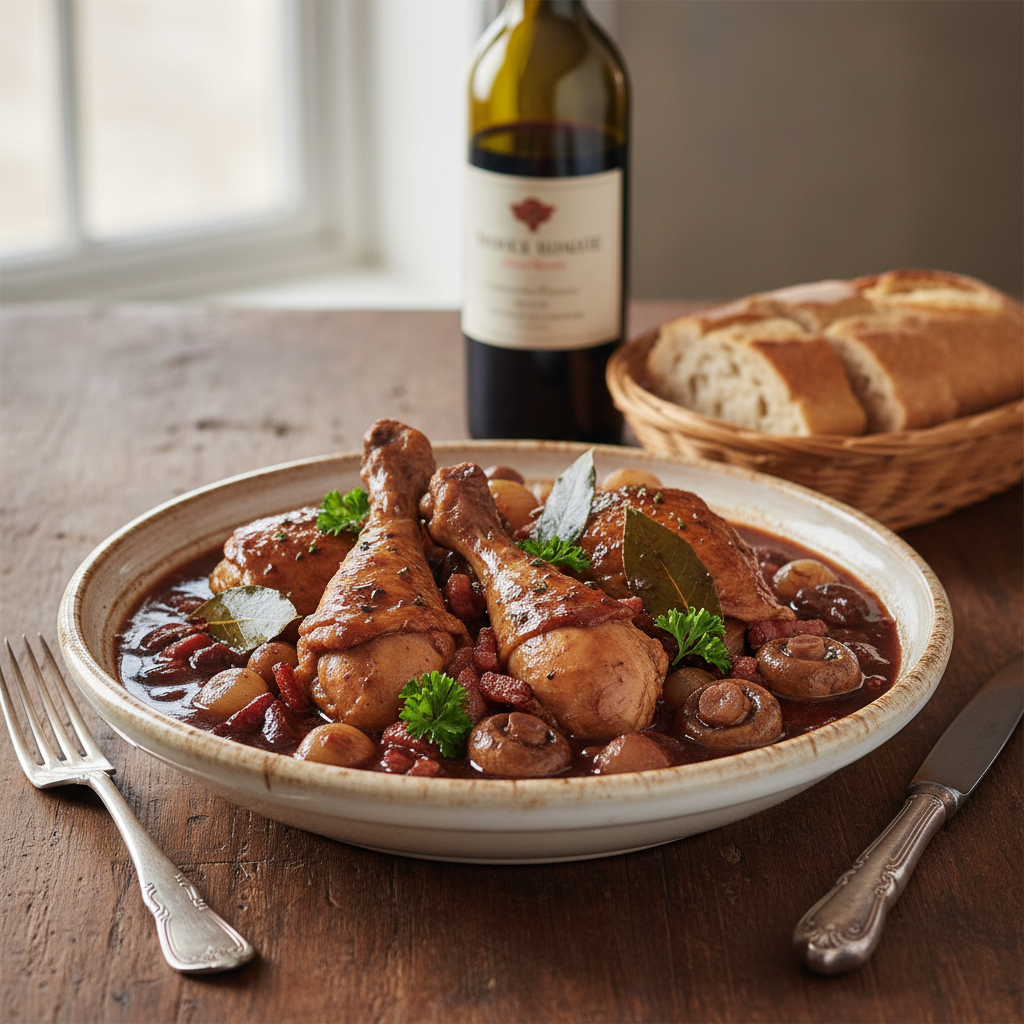 Photo de Recette du coq au vin traditionnel à la bourguignonne
