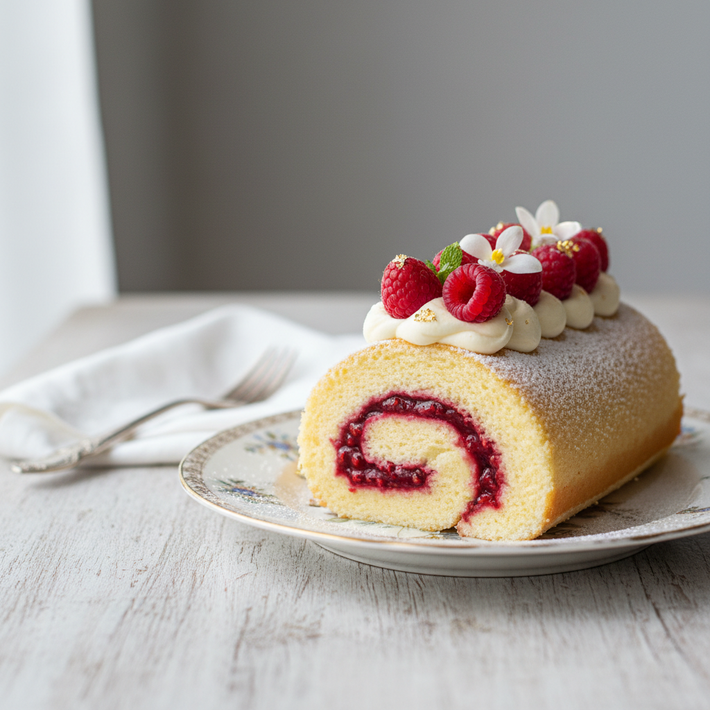 Photo de Recette du gâteau roulé moelleux à la vanille et framboise