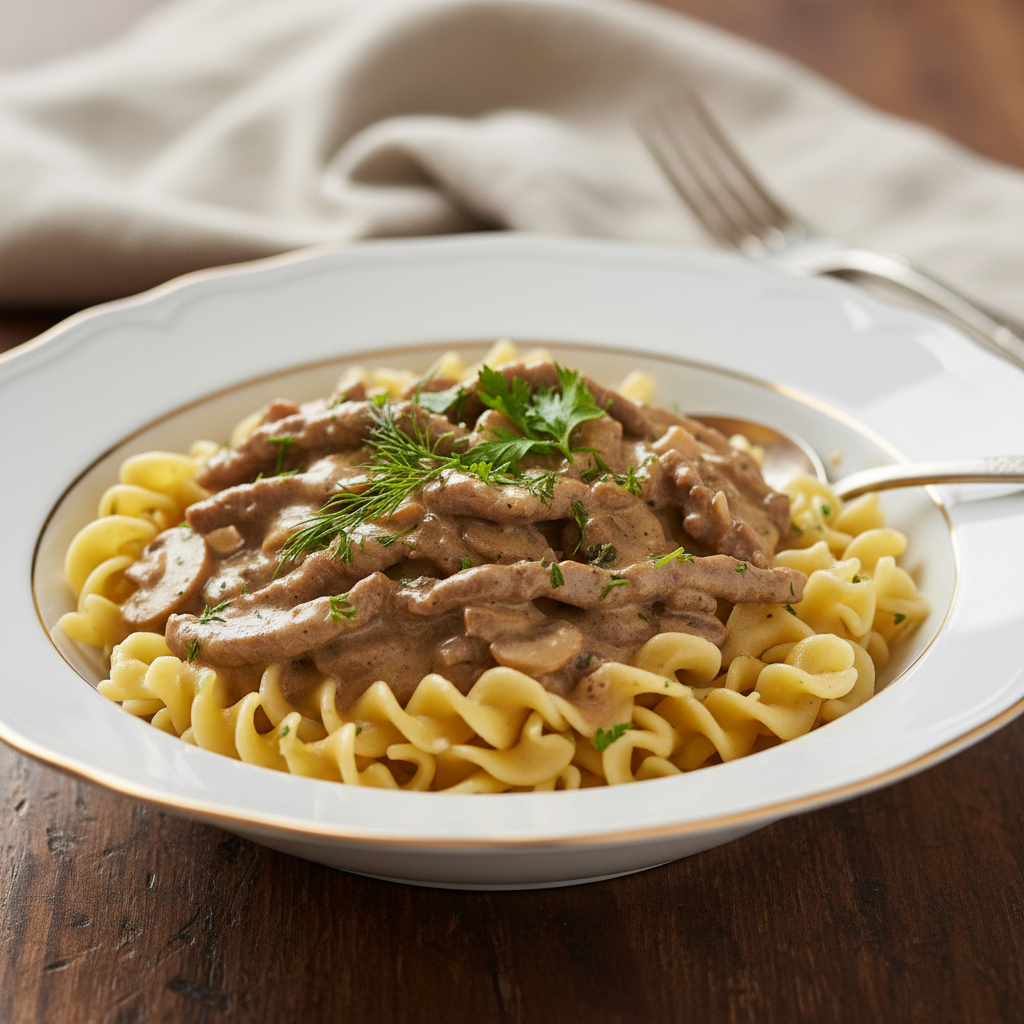 Photo de Recette de bœuf Stroganoff onctueux et fondant