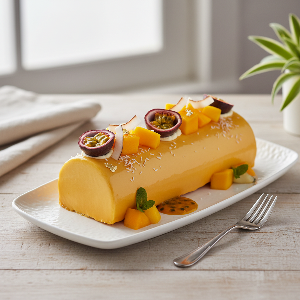 Photo de Recette de bûche exotique mangue passion et noix de coco