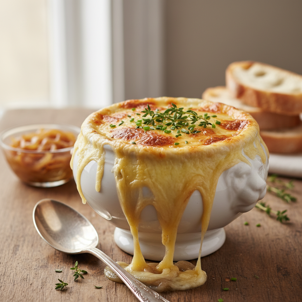 Photo de Recette de soupe à l'oignon fondante et gratinée