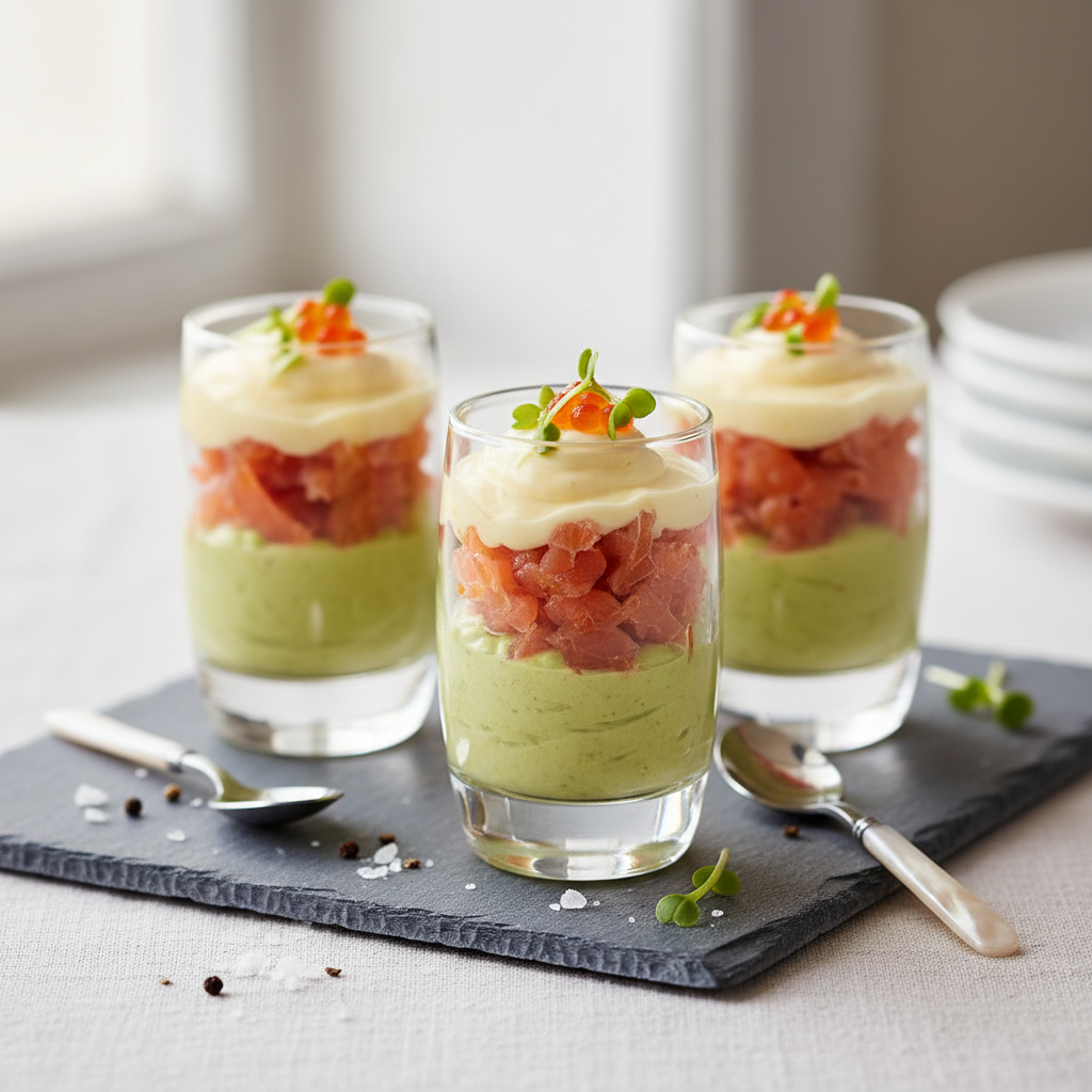 Photo de Recette de verrines avocat et saumon fumé au yuzu