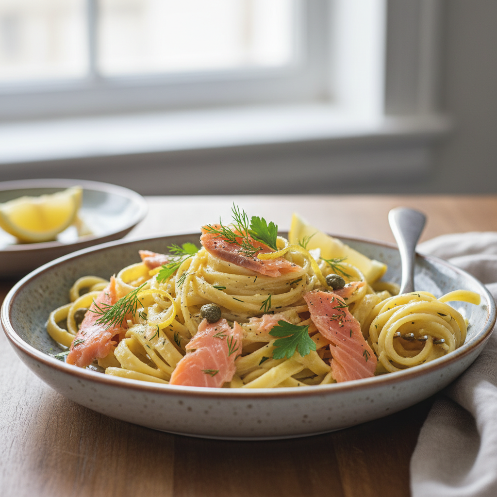 Photo de Recette des pâtes au saumon fumé et crème citronnée