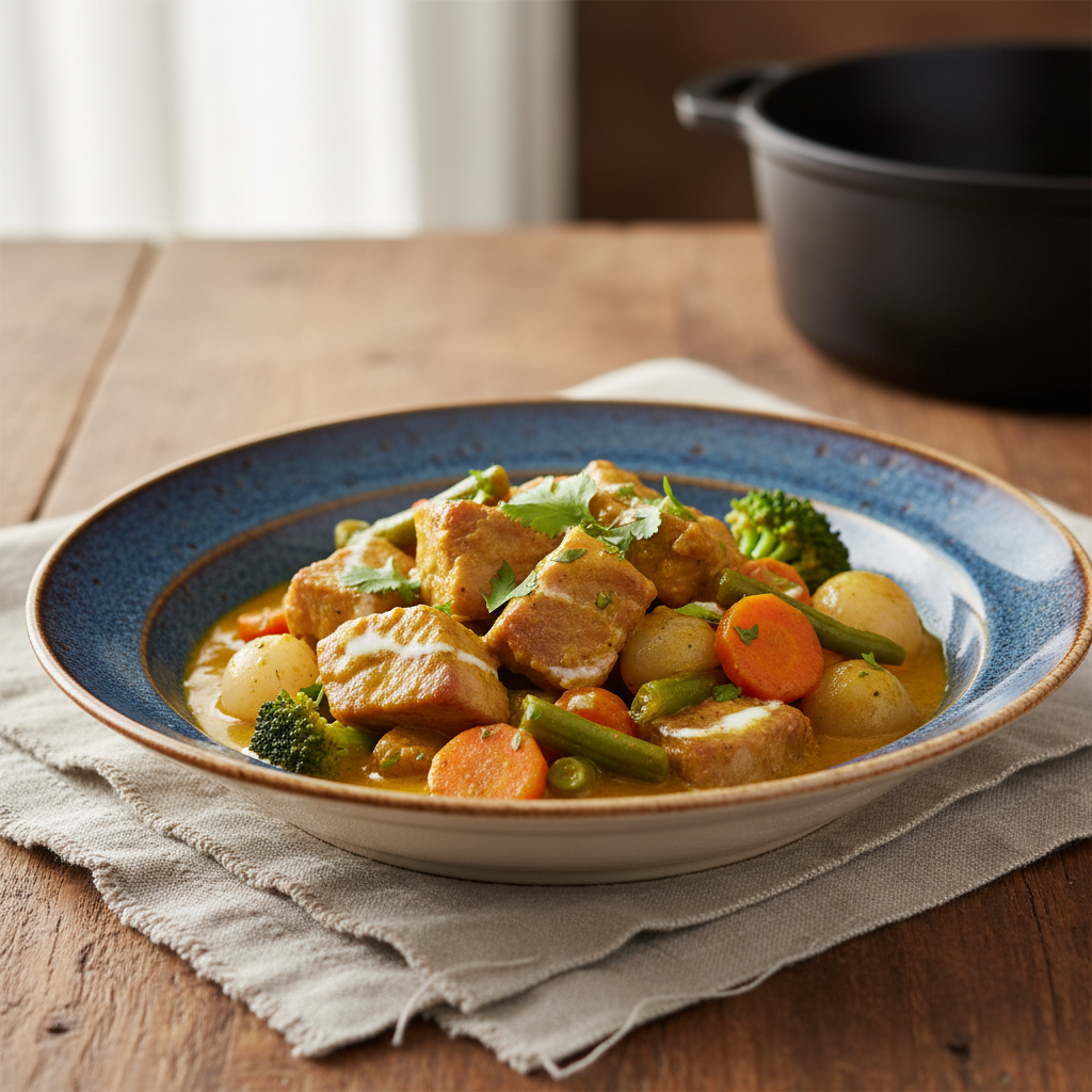 Photo de Recette de sauté de porc à la sauce curry et petits légumes