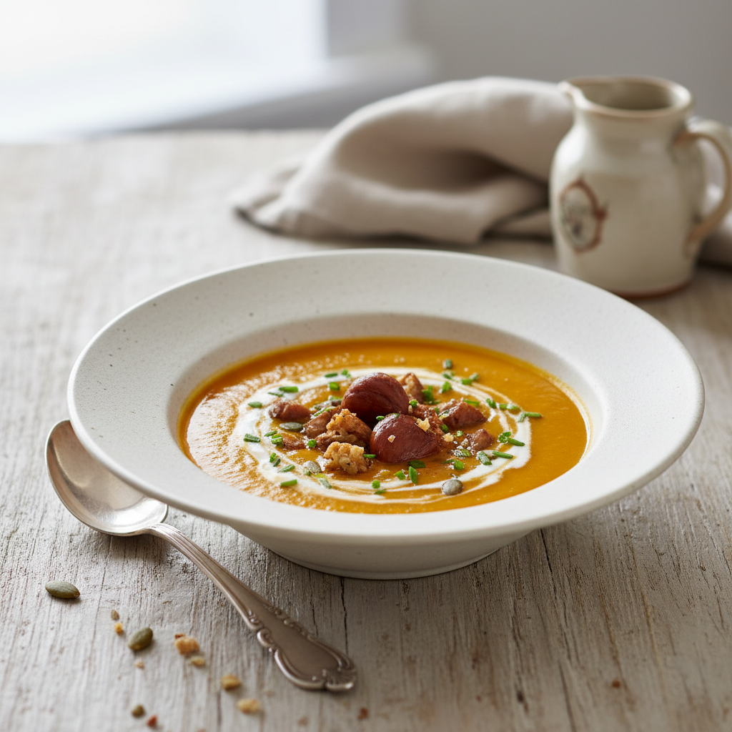 Photo de Recette de velouté de potimarron aux éclats de châtaignes