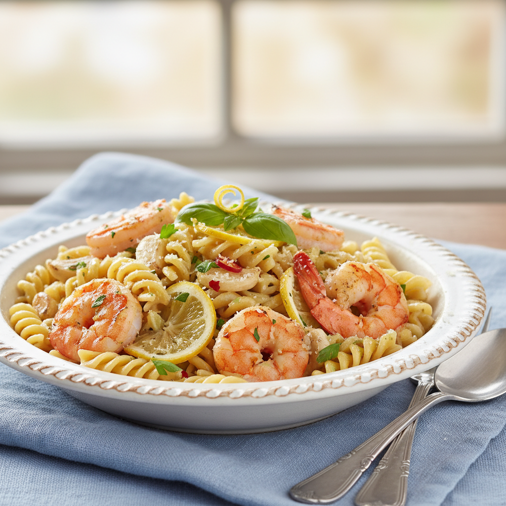 Photo de Recette des pâtes aux crevettes à l'ail et au citron