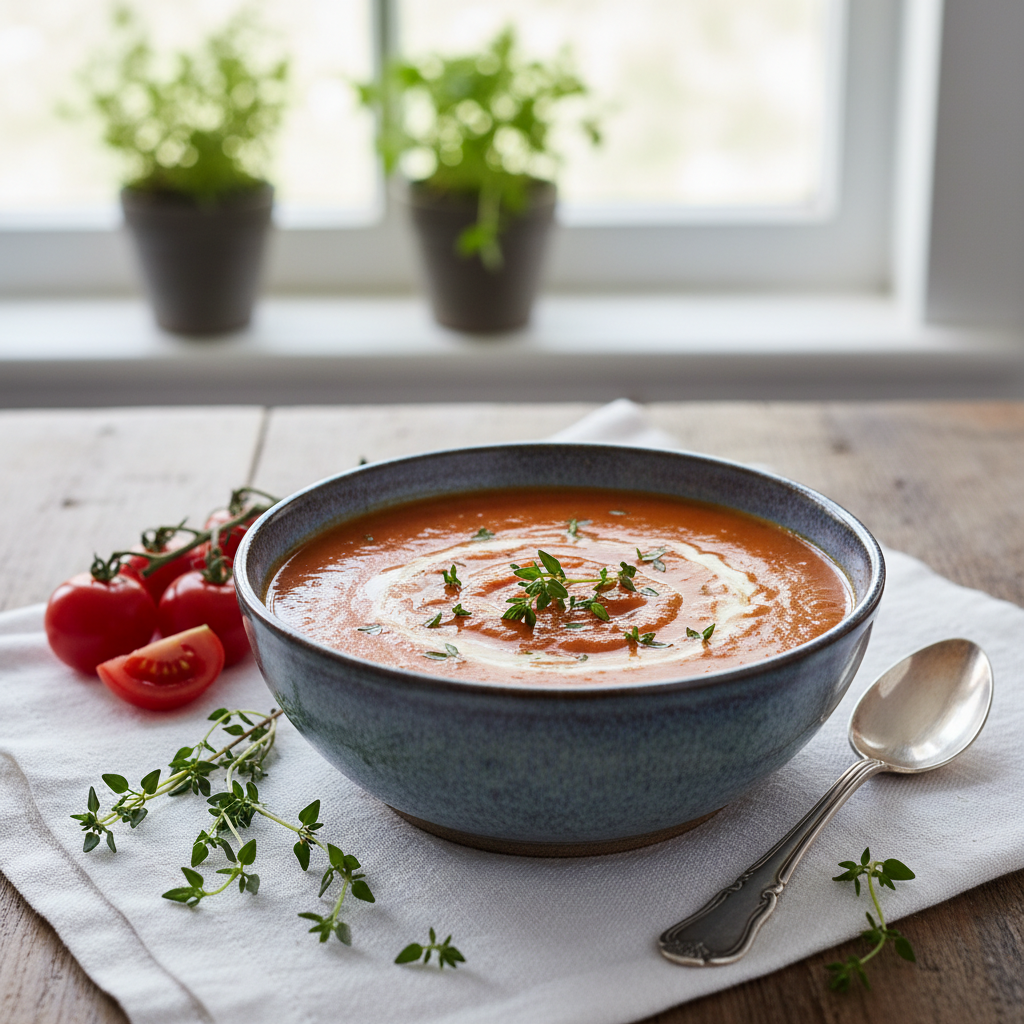 Photo de Recette de soupe à la tomate fraîche et au thym frais