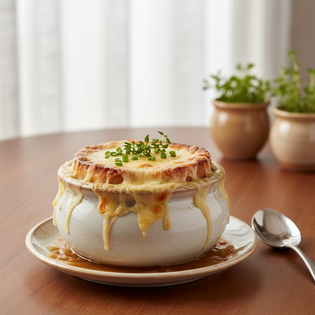 Photo de Recette de la soupe à l'oignon traditionnelle et savoureuse