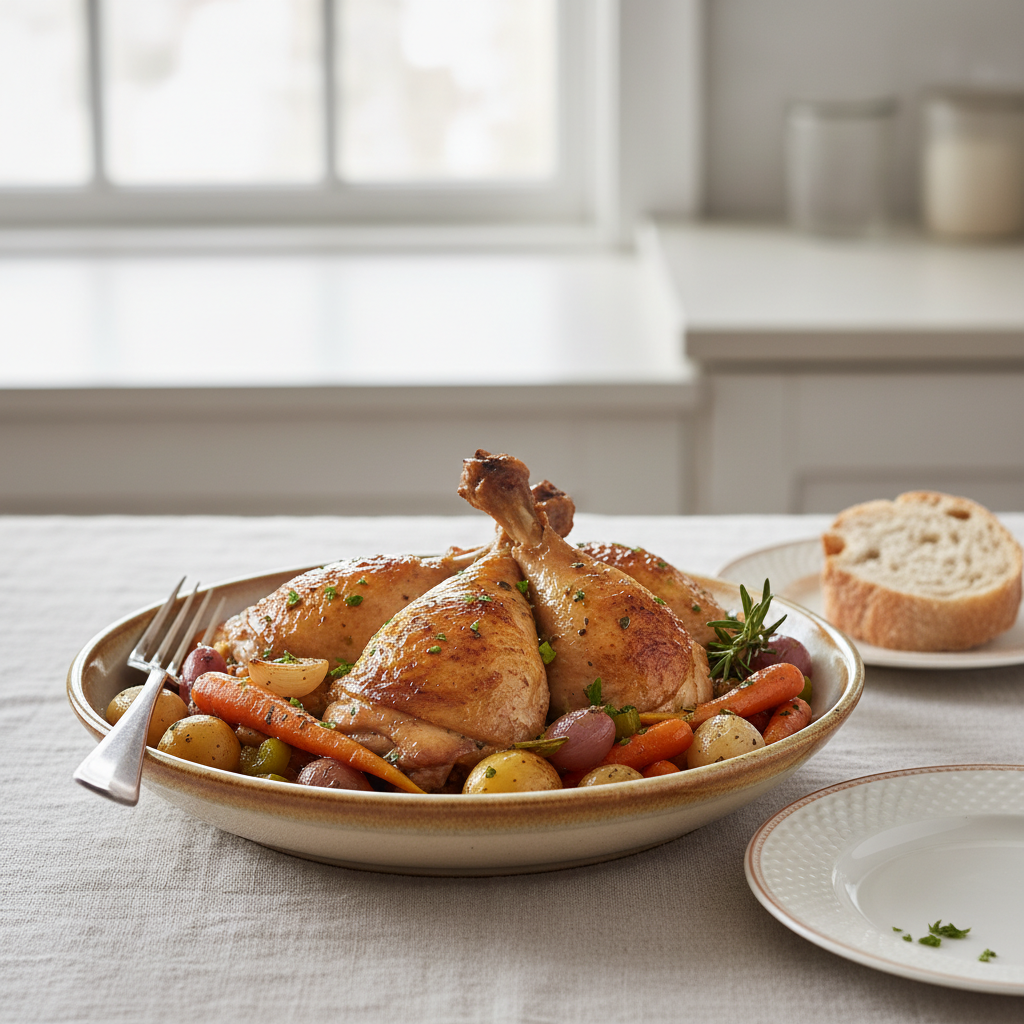 Photo de Recette de cuisses de poulet braisées aux petits légumes