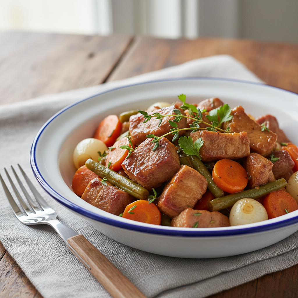 Photo de Recette de sauté de porc fondant aux petits légumes