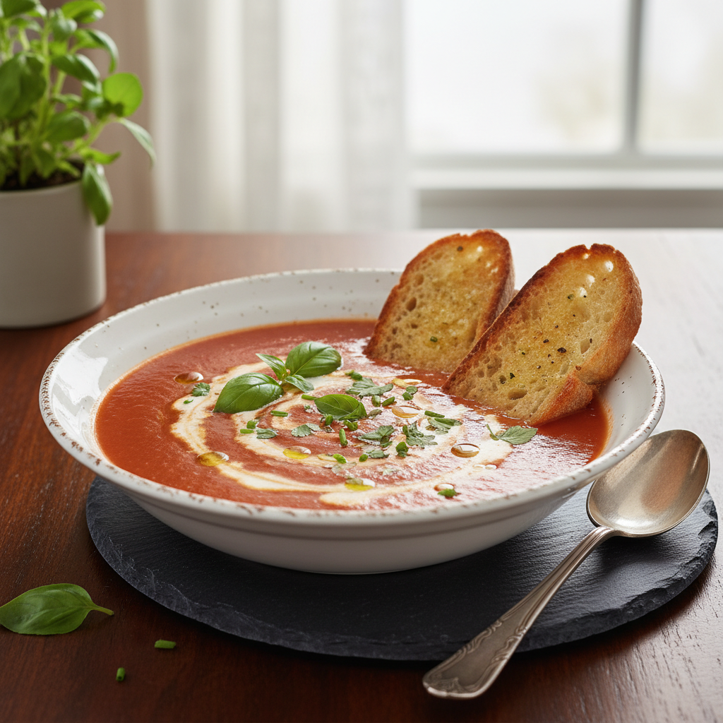 Photo de Recette de soupe à la tomate maison aux herbes fraîches